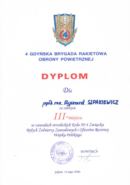 Dyplom od dowódcy 4. BR OP. Dyplom od dowódcy 4. BR OP.