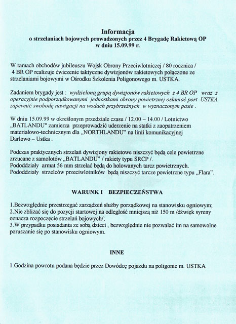Informator dla obserwatorów strzała poligonowych 4. GBR OP w Ustce. Informator dla obserwatorów strzała poligonowych 4. GBR OP w Ustce.